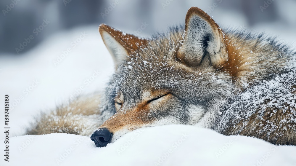Obraz premium A beautiful coyote sleeps peacefully in the fresh white snow