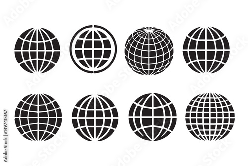 Globe vector set, grid patterns, flat earth symbols, Internet, world, or global reach line art, round globes Design
