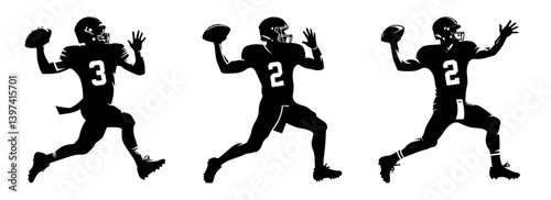 Set of American football quarterback silhouettes captured in dynamic action poses while throwing a pass, isolated black and white vector graphic player illustrations
