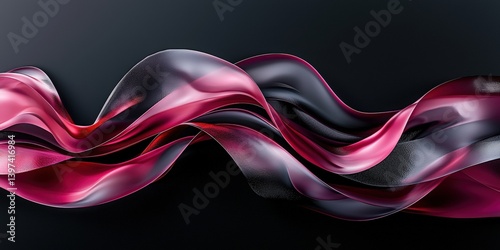 A flowing abstract design featuring smooth, wavy shapes in shades of red, pink, and black against a dark background.