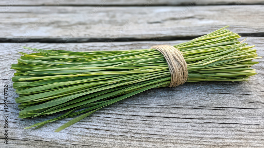 Close-up of freshly harvested wheatgrass tied in a bundle with twine, placed on a clean wooden table Close-up of freshly harvested wheatgrass tied in a bundle with twine, placed on a clean wooden table