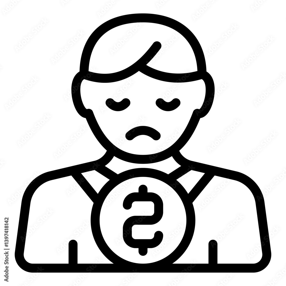 Young man with sad face and dollar coin line icon, world sanctions concept. Vector graphics. Person without job, employment sign on white background, style mobile or design.