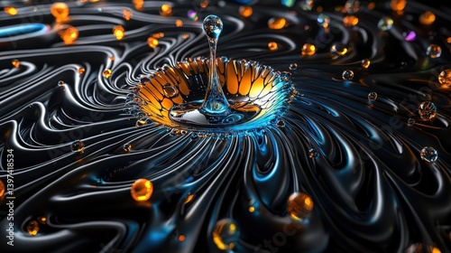 A mesmerizing close-up of a water droplet creating ripples amidst colorful reflections on a dark surface.