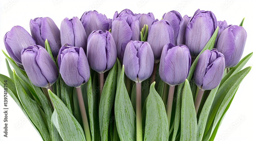 Fototapeta premium Purple tulips bouquet, spring flowers, white background, floral arrangement, greeting card