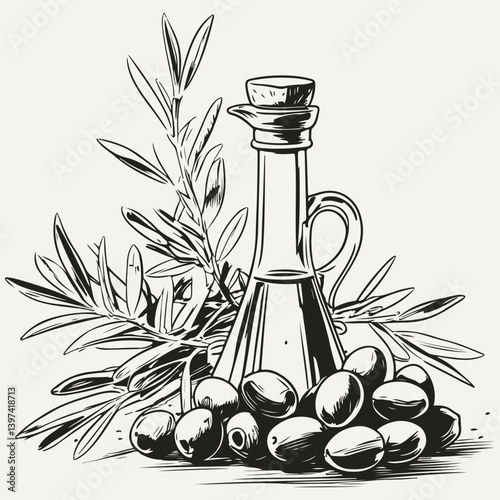 olive oil with branch sketch illustration