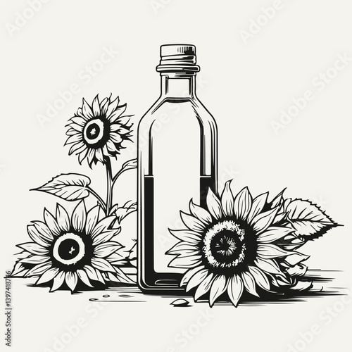 sunflower oil in a bottle sketch illustration