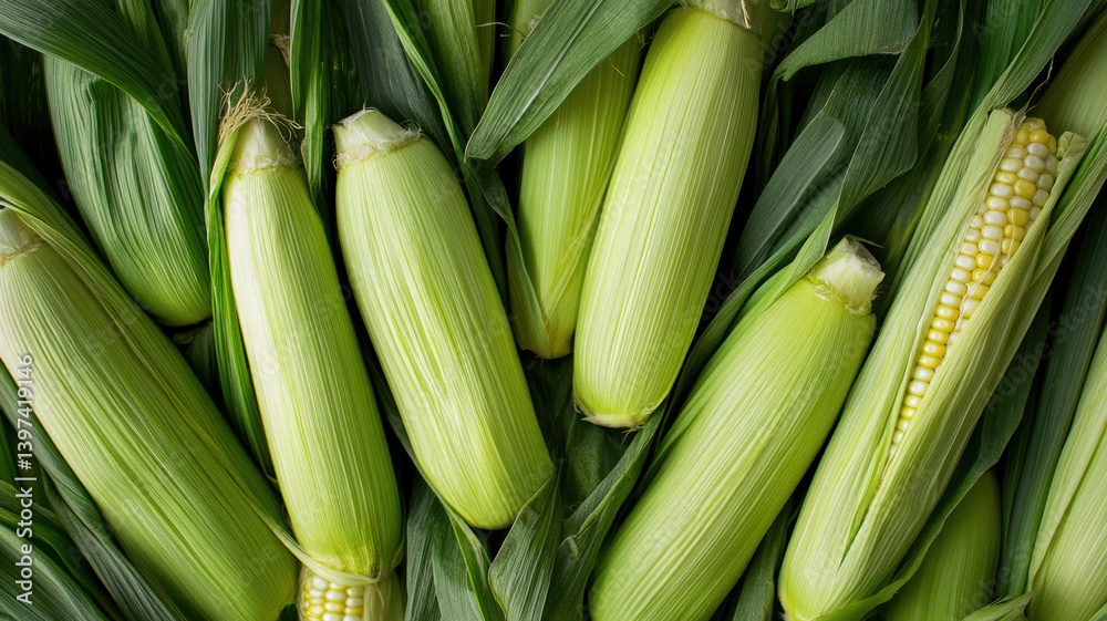 Close-up of freshly picked corn cobs with husks partially peeled back, showing golden kernels, surrounded by green corn stalks in the field Close-up of freshly picked corn cobs with husks partially peeled back, showing golden kernels, surrounded by green corn stalks in the field