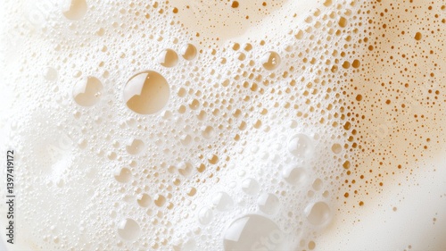Close-up of frothy foam texture on a creamy beverage surface, with bubbles and rich detail.