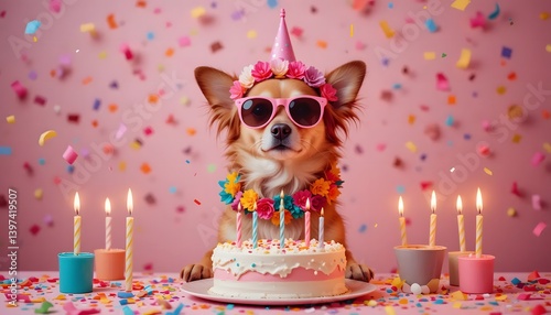 A darling chihuahua celebrates its birthday, wearing a party hat and sunglasses, surrounded by confetti and a delicious cake with lit candles, in a vibrant pink setting.
