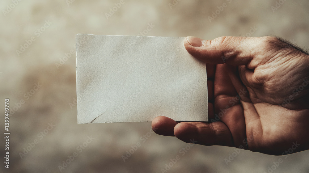 Hand holding blank paper note, grunge background