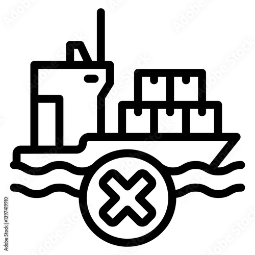 Cargo vessel delivery ban line icon, global sanctions concept. Vector graphics. Shipping prohibited sign on white background, style mobile or design.