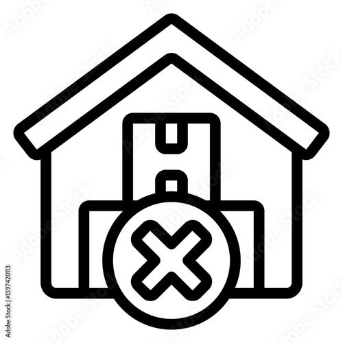 Warehouse without product boxes forbidden line icon, global sanctions concept. Vector graphics. Storage problem, building sign on white background, style mobile or design.