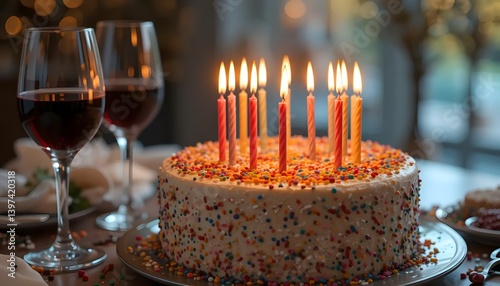 A celebratory birthday cake adorned with brightly colored candles and sprinkles, bathed in warm, inviting light, promising joy and sweet delights.