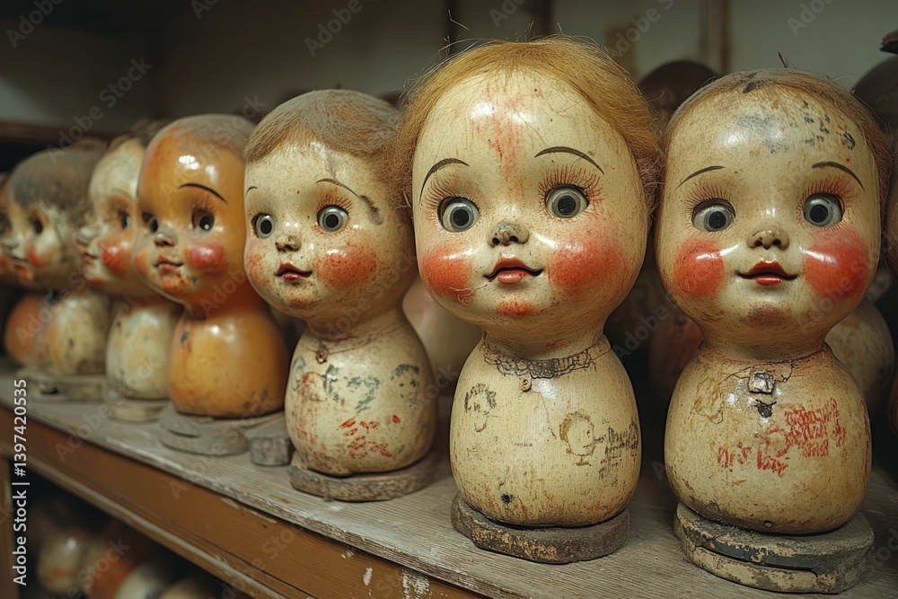 Row of aged doll heads on shelf.
