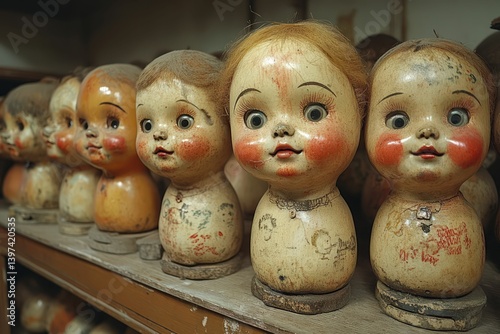 Obraz na płótnie Row of aged doll heads on shelf. w salonie