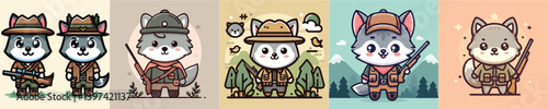 collection of cute wolf vectors wearing hunter clothes