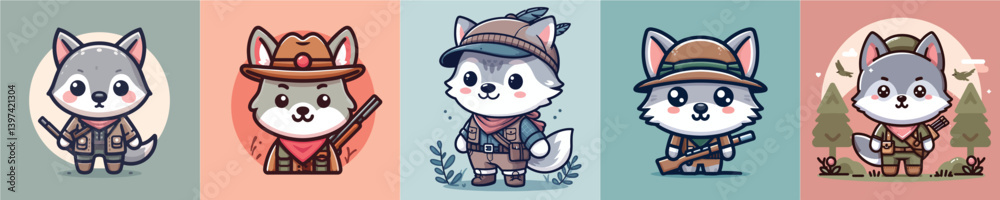 collection of cute wolf vectors wearing hunter clothes collection of cute wolf vectors wearing hunter clothes