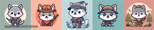 collection of cute wolf vectors wearing hunter clothes