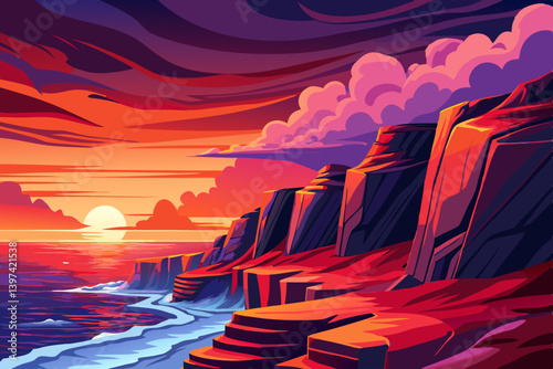sea cliff illustration landscape in bold reds and purples, cliffside scene where layered crimson rocks rise above a violent, violet toned ocean. The sky transitions from orange to deep indigo