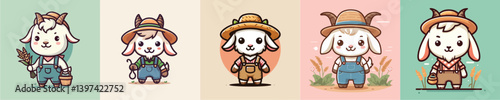 collection of cute goat vectors wearing farmer clothes