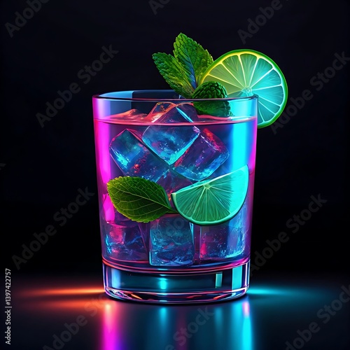 A vibrant neon cocktail, a cool and refreshing summer drink with ice, mint, and lime, illuminated with dazzling colorful lights.