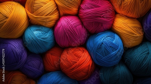 A vibrant collection of colorful yarn balls arranged in a visually appealing pattern, showcasing various hues and textures.