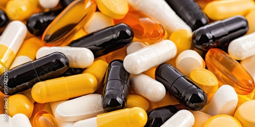 Closeup of assorted medical capsules with black orange white color tones piled tightly in clustered form on white background showing dosage strength therapy and pharmaceutical density