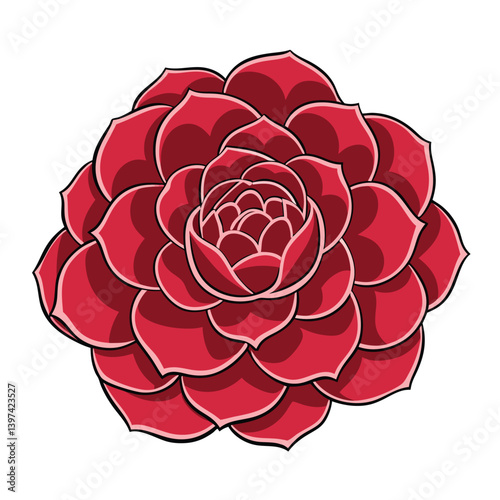 Flat Design Red Echeveria Succulent Rosette Flower with Black Outline on White