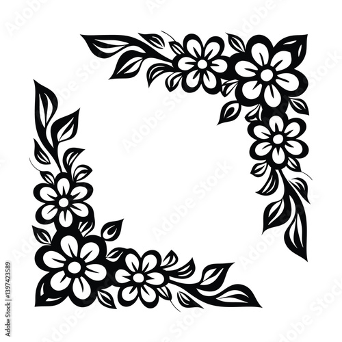 Wallpaper Mural Floral Corner Frame, Black Flowers, Leaves, Square Arrangement, Decorative Element Torontodigital.ca