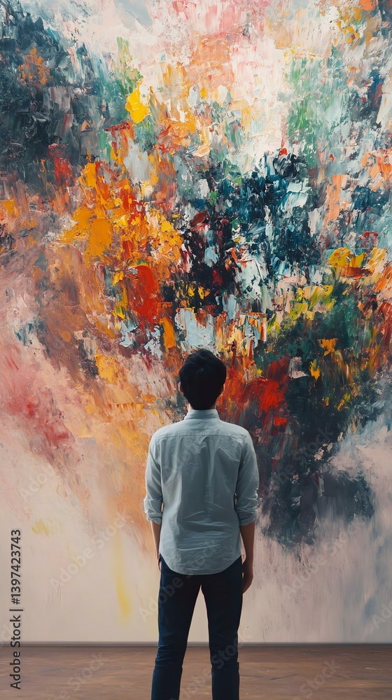 Obraz premium A person gazes at a vibrant, abstract painting filled with colors like orange, blue, and green, evoking emotion and reflection in a gallery setting.