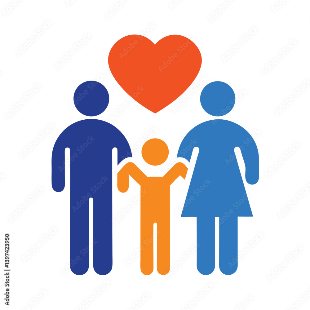 Happy Family Icon Blue Parents, Orange Child, Heart Above, Love & Togetherness, Isolated Happy Family Icon Blue Parents, Orange Child, Heart Above, Love & Togetherness, Isolated