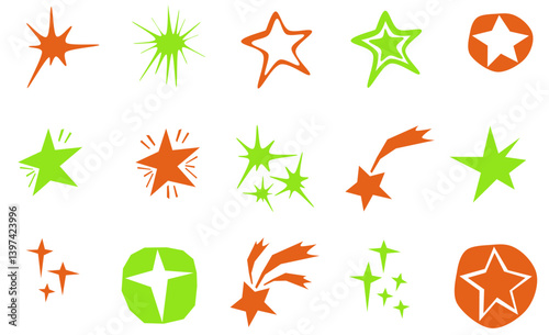 set of colorful icons, cute abstract geometric paper cut star sparkle doodle variation. orange red and lime colored. vector hand drawn artwork. decoration. illustration. art. drawing. Cutout elements 