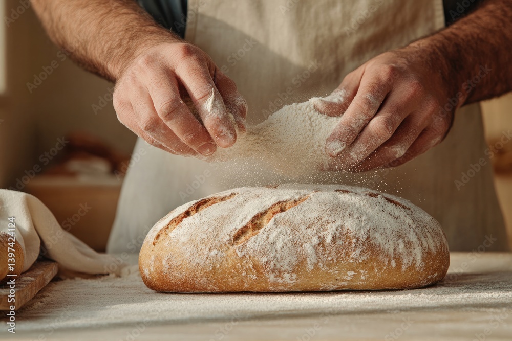Hands dusting flour over freshly baked loaf, showcasing artisana Hands dusting flour over freshly baked loaf, showcasing artisana