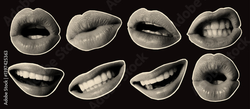 Set of halftone lips showing various emotions. Modern cutouts of lips in collage style.Mouth, teeth, lips, tongue. Torn paper elements featuring parts of the face for social media and banners