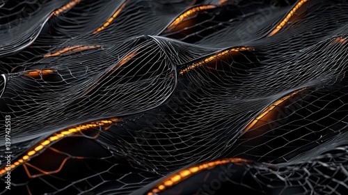 A digital rendering of flowing waves composed of a mesh structure, illuminated by soft orange lights on a dark background.
