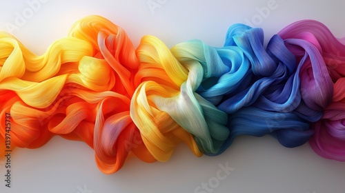 A vibrant wave of colorful fabric flows, showcasing a stunning gradient from red to blue, creating a sense of movement and texture.