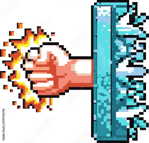 Pixel art fist breaking wall, retro gaming graphic with explosion animation