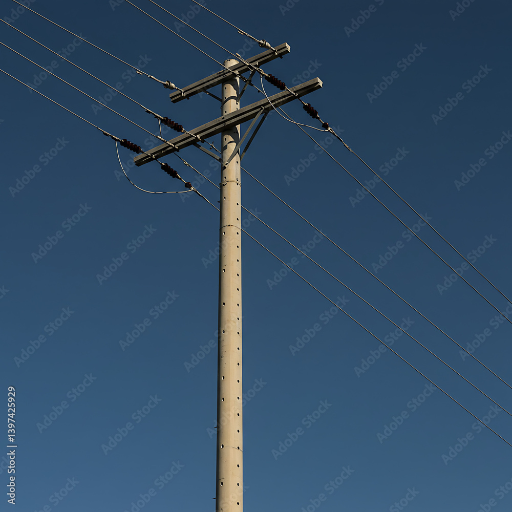 Tall Power Line Pole Clear Blue Sky Electrical Energy Infrastructure day sun grid high wires cable Tall Power Line Pole Clear Blue Sky Electrical Energy Infrastructure day sun grid high wires cable