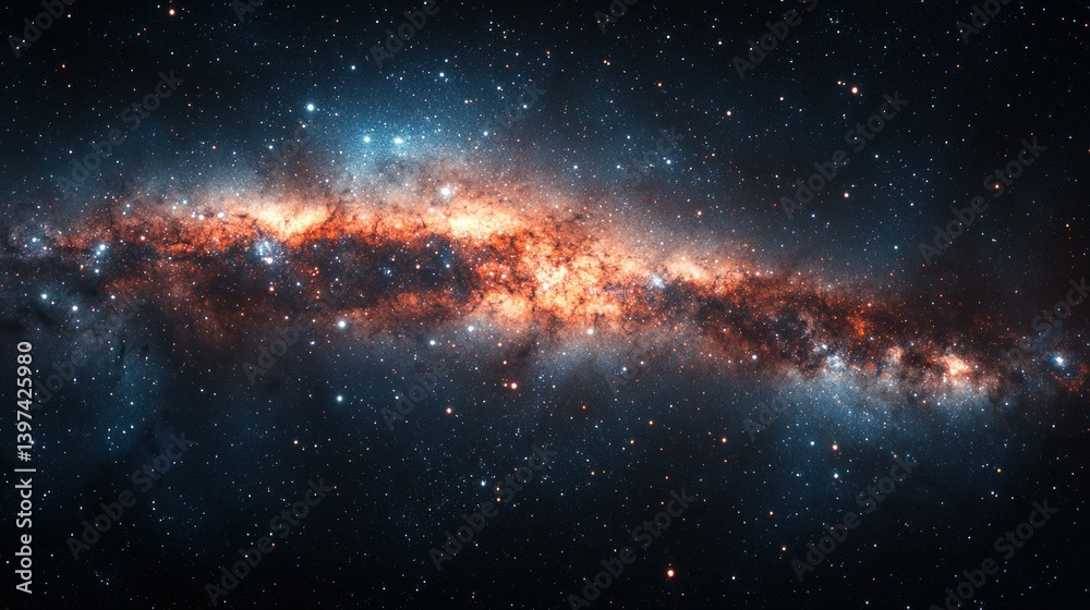 Obraz premium Galaxy's vibrant cosmic expanse, blue and orange hues with countless distant stars