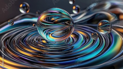 A vibrant abstract image of swirling water patterns with colorful reflections and floating spheres.