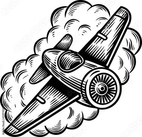 Vintage airplane illustration with clouds, retro drawing in black and white art
