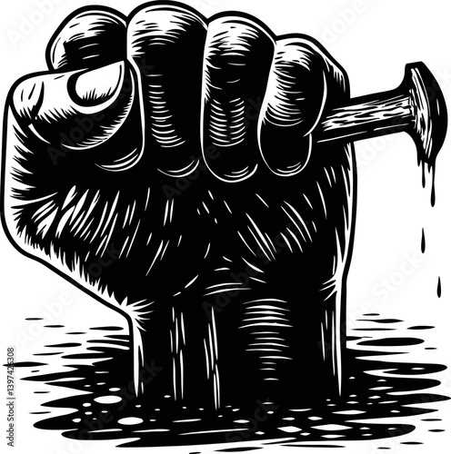 powerful raised fist with nail, symbolic of struggle and resilience in monochrome design