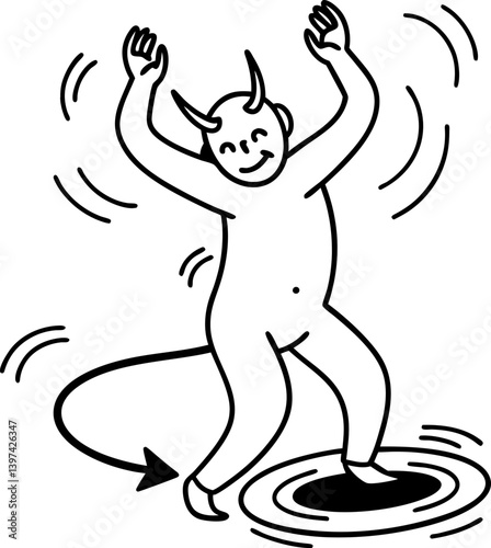 Dancing devil character, playful illustration with horns and tail in dynamic movement