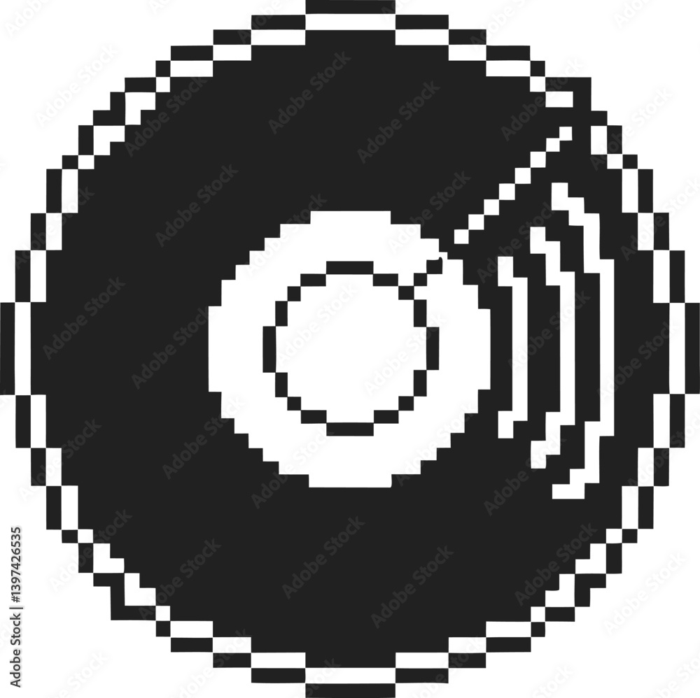 Fototapeta premium black and white pixel art vinyl record with musical note design