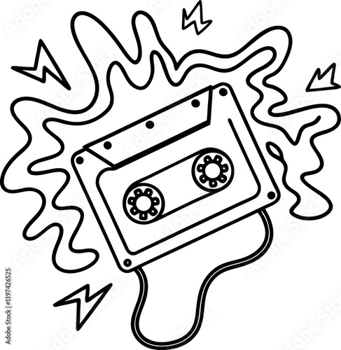 retro cassette tape doodle with dynamic abstract lines vintage music, nostalgia, audio symbolism