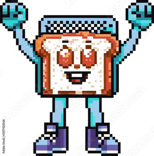 Pixel art smiling sandwich character with arms raised in excitement