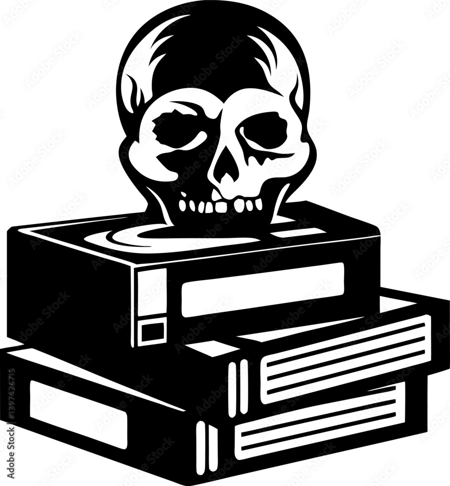 Skull atop vintage vhs tapes retro horror theme, skull and vhs stack, black and white illustration