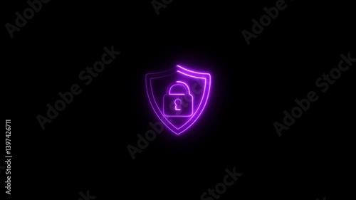 Glowing neon Security shield with lock outline icon.Shield Padlock simple animation.