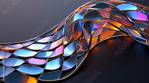 A vibrant, flowing design featuring colorful, reflective shapes that create a dynamic visual effect on a dark background.
