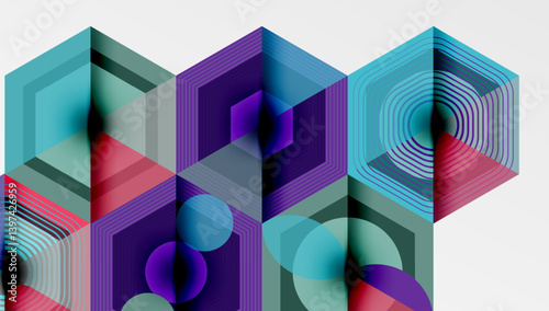 Abstract geometric composition featuring hexagonal forms, layered lines, circles. Vibrant blues, purples, reds create depth, visual interest. Modern design, clean aesthetic.